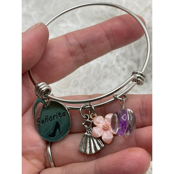 5-Charm Silver Tone Spring Bracelet - Charms: Flowers, Senorita, Fashion Dress, - Picture 5 of 8